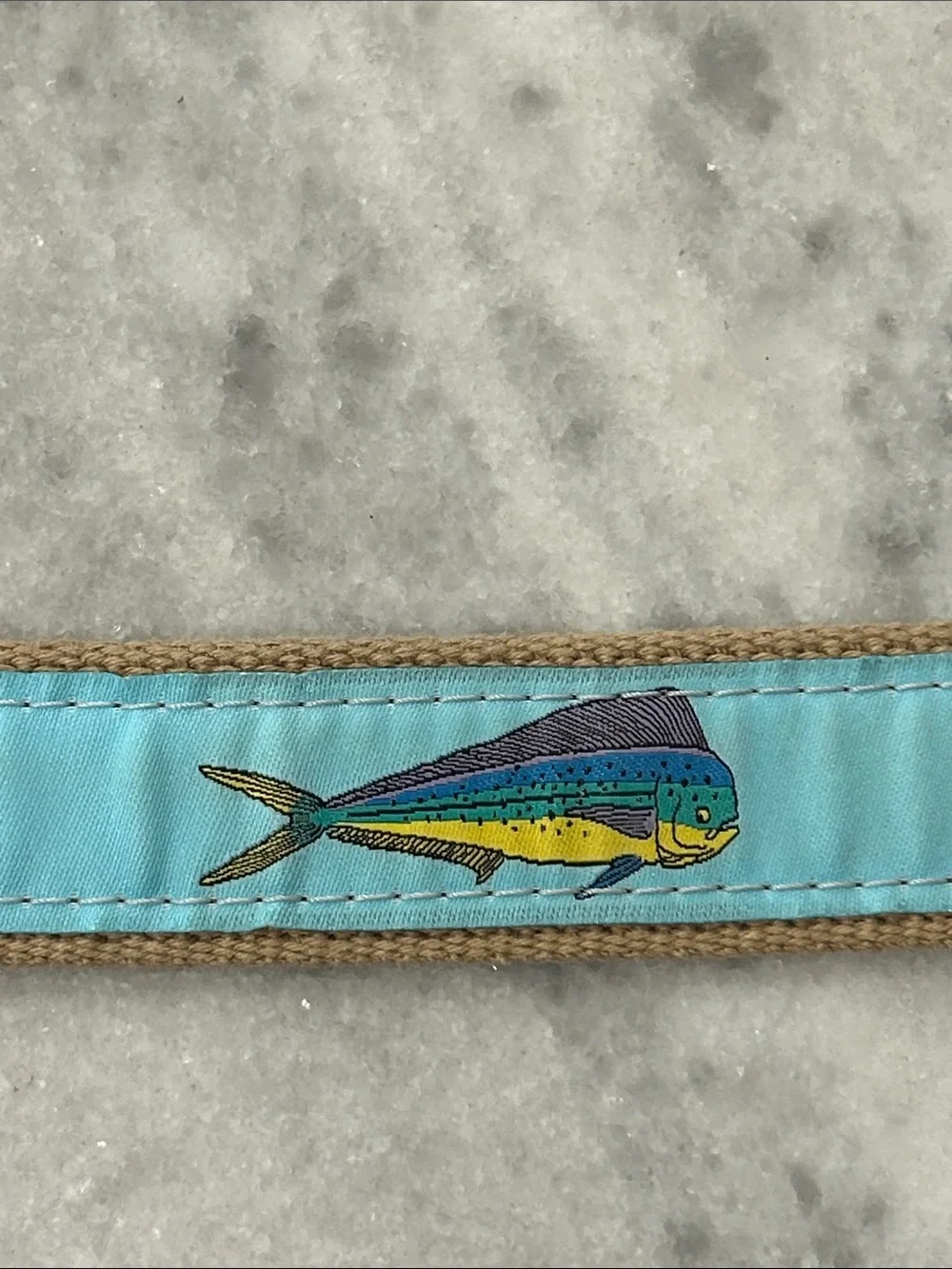 Leather and Canvas Mahi Mahi Embroidered Belt sz 38 Aqua Blue